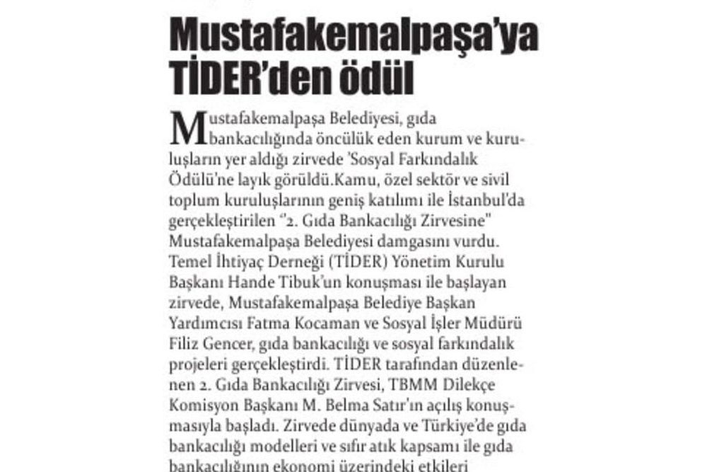 Mustafakemalpaşa'ya Tider'den Ödül