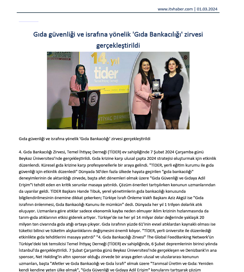 Gıda Güvenliği ve İsrafına Yönelik Gıda Bankacığı Zirvesi Gerçekleştirildi